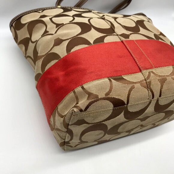 Coach Khaki & Red Signature Stripe Canvas Tote Bag 10125 - Picture 6 of 11